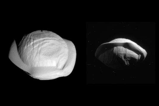 黒い背景に並ぶ、赤道の薄い隆起が張り出した土星の衛星パンの2枚の探査画像