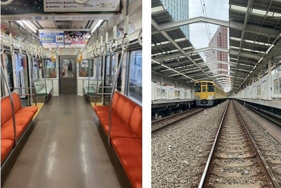 左にオレンジ色の座席がある車内、右に駅の線路・ホームと黄色い車両を並べた紹介画像。