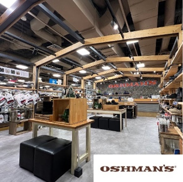 木製の什器や商品棚、ベンチが並ぶ売場と、右下のOSHMAN'Sロゴを組み合わせた紹介画像。