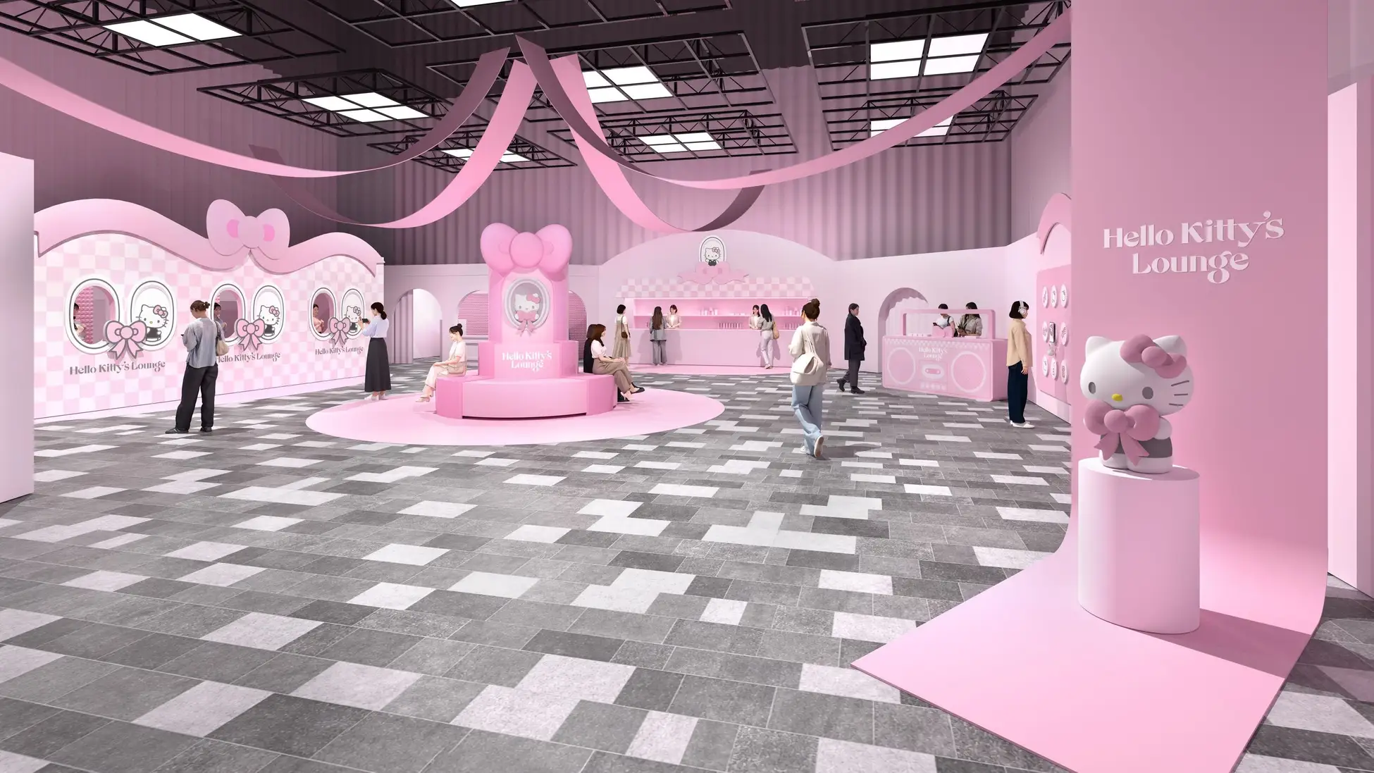 Hello Kitty’s Loungeの会場内イメージ。ピンクの壁面やリボン、キャラクター、ベンチやカウンター、人物を配置した空間の図版。